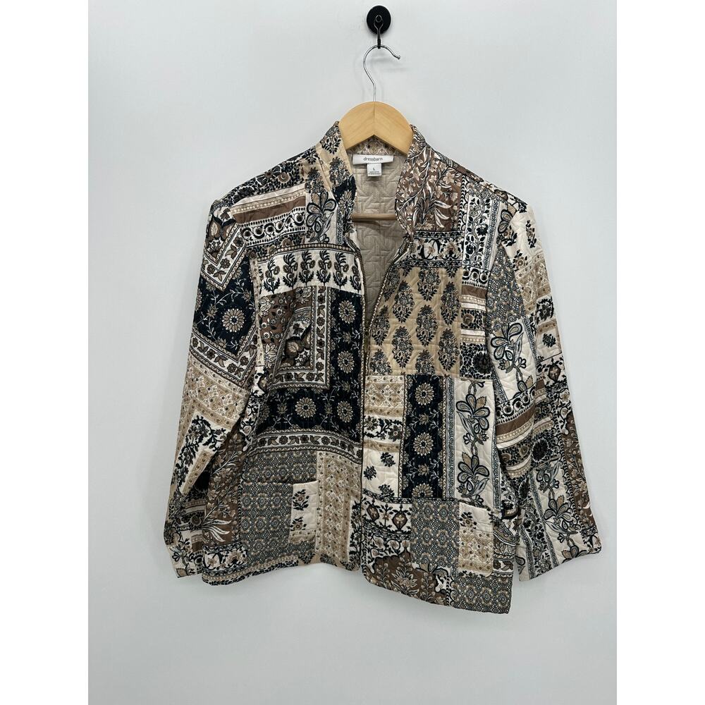 Dressbarn Quilted Jacket Womens Size‎ L Brown Floral Patchwork Artsy Full Zip